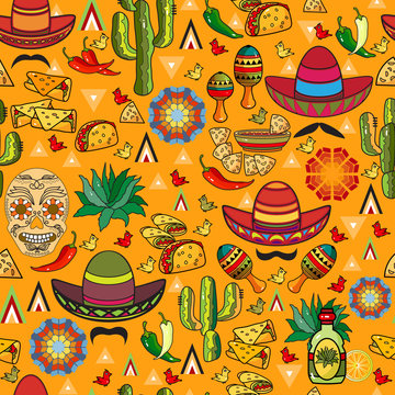 Mexican Festive vector seamless pattern. Skull, tequila, maracas, cactus, chili.
