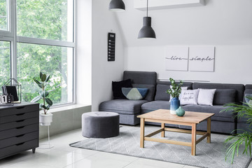 Stylish interior of living room with comfortable sofa and table