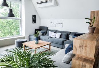 Stylish interior of living room with comfortable sofas and table