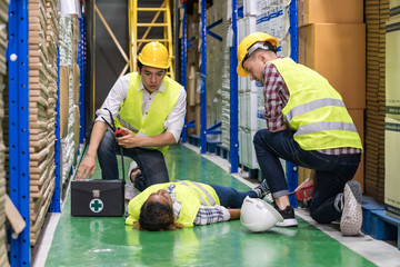 Warehouse worker frist aid after accident.