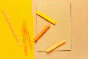Set of school stationery on color background