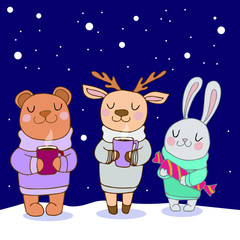 animals with cups under the falling snow