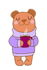 little bear with with hot drink on white background