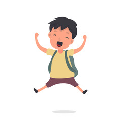 The little boy is jumping. Cheerful schoolboy jumping. Suitable for school or vacation design. Isolated. Vector.