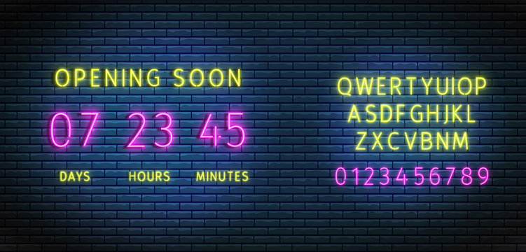 Neon clock counter. Countdown timer wiht font. Vector. Openig soon board. Illuminated digital count down. Glowing days, hours and minutes on brick wall. Scoreboard on display. Led illustration.