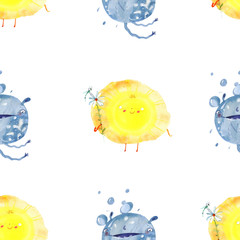 Seamless pattern illustration with funny sun and water drop isolated on white background 