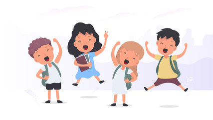 Back to school banner. Children rejoice at the start of the school year. Satisfied schoolchildren. Vector.