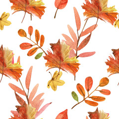 Seamless pattern illustration with autumn leaves and brunches isolated on white background