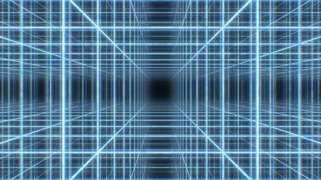 Retro 80s Neon Light Wireframe Grid Cube Array Synthwave 3D Tunnel - 4K Seamless Loop Motion Background Animation