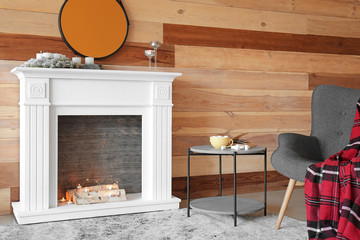 Interior of modern room with fireplace