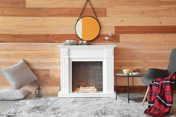 Interior of modern room with fireplace