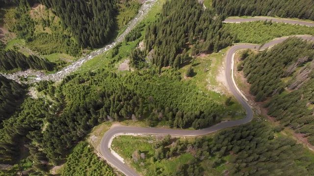 Curved S-road on Transalpina road in Carpathian Mountains, Transylvania, Romania