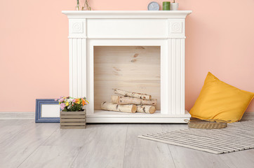 Interior of modern room with fireplace