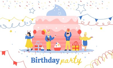 Obraz na płótnie Canvas Banner with birthday celebration with friends. Smiling, cheerful men and women at the party dance and celebrate around a large beautiful cake. Vector flat illustration.