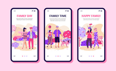 Family recreation and weekend activity in park mobile phone app page onboarding set, flat vector illustration. Amusement public park events advertising banners for web