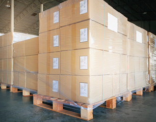 Shipment, Carton boxes, Cargo freight, Manufacturing warehouse storage. Stack of cardboard boxes or packages goods for delivering to a customer.