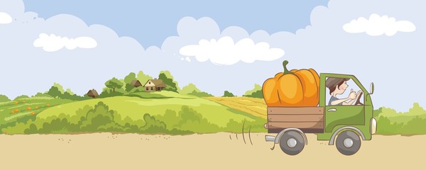 Fresh vegetables delivery. Vector illustration, transportation of large pumpkins on the background of rural fields.
