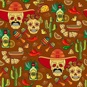 Mexican hand-drawn seamless pattern. Skull, tequila, maracas, cactus, chili pepper, sombrero. Vector.