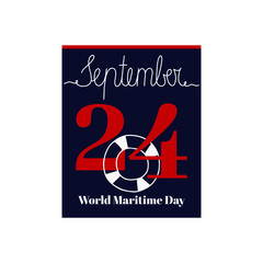 Calendar sheet, vector illustration on the theme of World Maritime Day on September 24. Decorated with a handwritten inscription SEPTEMBER and lifebuoy.
