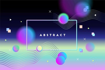 Abstract background. Border frame. Vector artwork. Trendy retro 80s, 90s style. Print, poster, banner. Blue, black, pink, yellow, green, purple colors. Retrowave, synthwave, rave, vapor