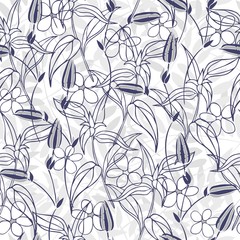 Seamless pattern with flowers and leaves. Flat vector outline pattern.