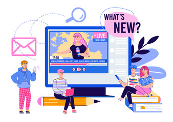 Live report and online news banner with cartoon characters of people watching news video stream on computer screen, flat vector illustration. Media broadcasting concept.