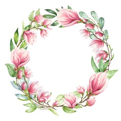 Hand drawn watercolor wreath with pink magnolia flowers and green leaves isolated on white background. Watercolour vintage floral design, boho style illustration.