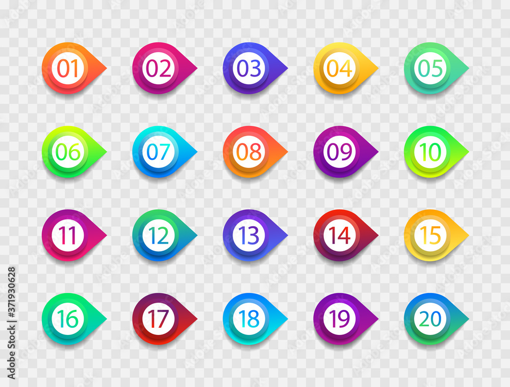 Poster bullet with number. icon with point and arrow. list of circles for buttons. png for infographic from