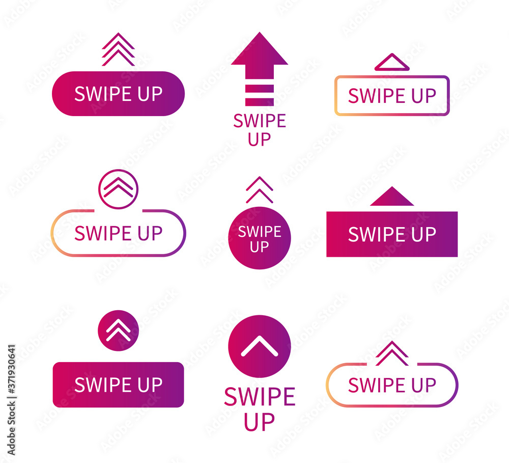 Poster swipe up icon. drag arrow for scroll of story. button for action in social media. gradient logo with