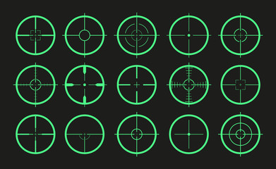 Target icon. Crosshair and aim of sniper. Sight for gun, rifle for military. Logo of periscope in army. Shot from weapon in bullseye. Precise crosshair in game. Cross, dot for optical lens. Vector.
