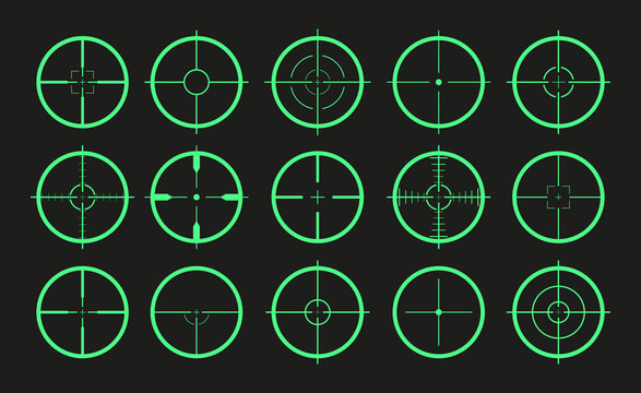 Target icon. Crosshair and aim of sniper. Sight for gun, rifle for military. Logo of periscope in army. Shot from weapon in bullseye. Precise crosshair in game. Cross, dot for optical lens. Vector.