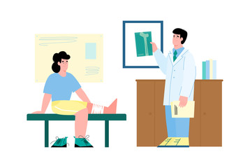 Traumatological cabinet in healthcare clinic with doctor consulting patient with injured leg, flat cartoon vector illustration. Visit to traumatologist scene.