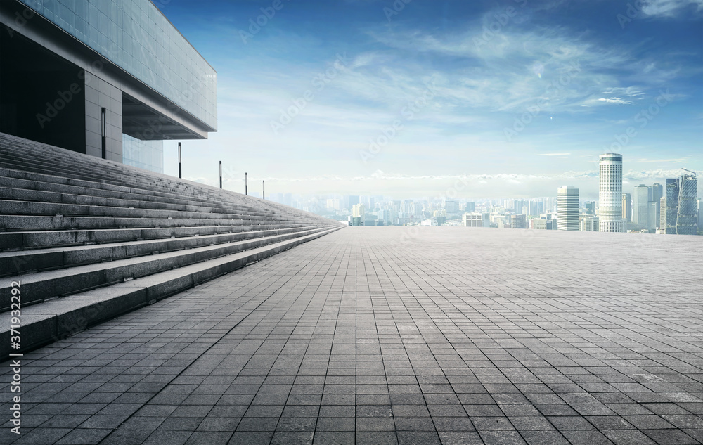 Wall mural rooftop empty brick floor and city skyline view