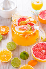 Fototapeta na wymiar Freshly prepared ice tea or lemonade with assorted citrus fruits.