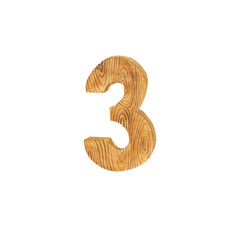 Wooden number three isolated on a white background. Hand-drawn watercolor symbol 3 for your design. The cute number for event in rustic or boho style.