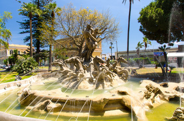 Italy, Catania, May 12, 2018: Fountain of Rape of Proserpine (Ratto di Proserpina) with horses on...