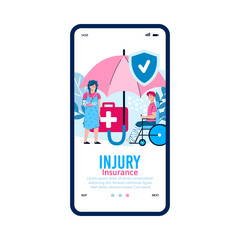 Mobile interface on phone screen with medical app for accident insurance. Medicine and healthcare for patients with fractures and injuries. Vector flat cartoon illustration