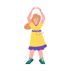 Dancing woman cartoon character holding hands high above her head, flat vector illustration isolated on white background. Dancer amateurer engaged with choreography.