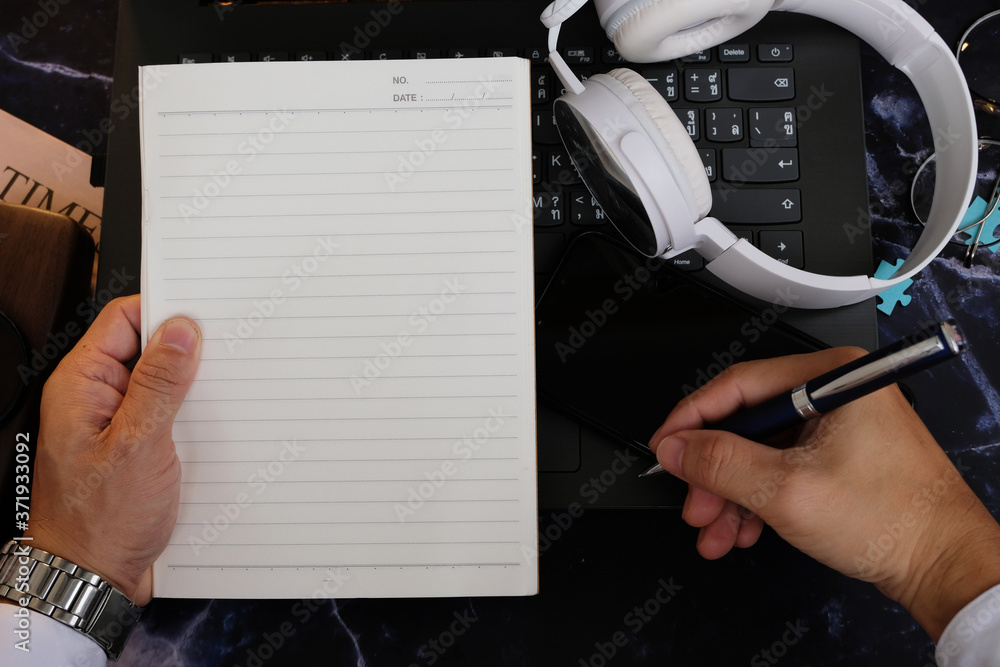 Aufkleber top view table office on wood table background and space for text