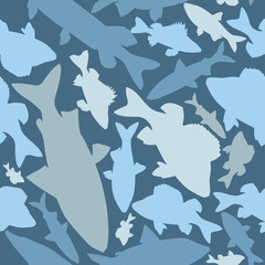 Seamless pattern of blue, gray, blue, gray-brown silhouettes of different northern fish in camouflage style.