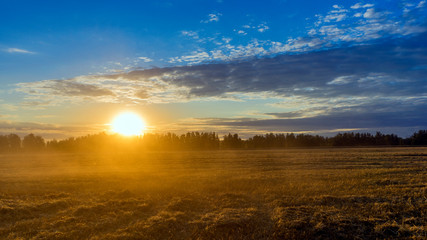 Sunset. Wheat field after harvest. Dust from a combine agricultural machine. Agriculture
