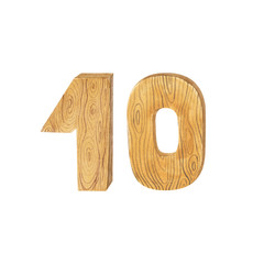 Wooden number 10 isolated on a white background. Hand-drawn watercolor symbol of ten for your design. The cute number for event in rustic or boho style.