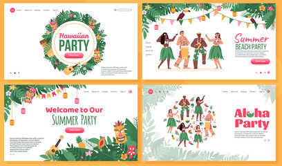 Set of website pages for dance and music beach party in Hawaiian style, flat cartoon vector illustration. Beach bar or tropical party landing page template.