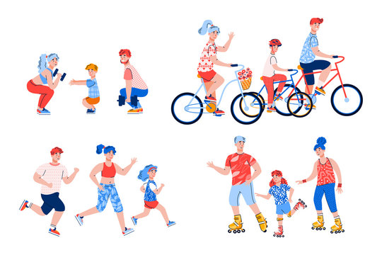 A sporty and healthy family trains in the park or in nature. Active fitness and workout outdoors. A set of vector flat illustrations isolated on a white background