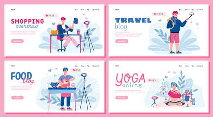 Web page interfaces set for video bloggers with cartoon characters of vloggers flat vector illustration. Landing pages with people creating content for social media.