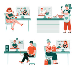 Video tutorials or educational online videos for the Internet. Bloggers tell their followers about beauty, cooking, video games and shopping. Set of flat isolated vector illustration