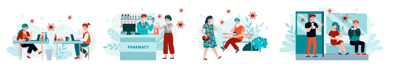 Set of people in public places having risk to be exposed to a virus, flat cartoon vector illustration isolated on white background. Infection and viral disease.