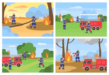 Set of scenes with firefighters and rescues put out the fire in forest landscape, flat cartoon vector illustration. Professional firemen brigade saving wildlife.