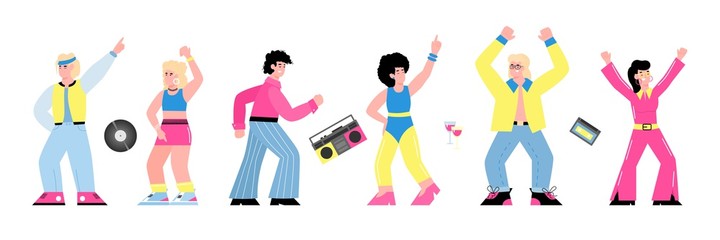 80s disco party banner with dancing people cartoon characters, flat vector illustration isolated on white background. Dance men and women in bright retro clothing.