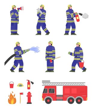 Firefighter team and equipment set - cartoon fireman in uniform extinguishing fire and firetruck with objects isolated on white background. Vector illustration.